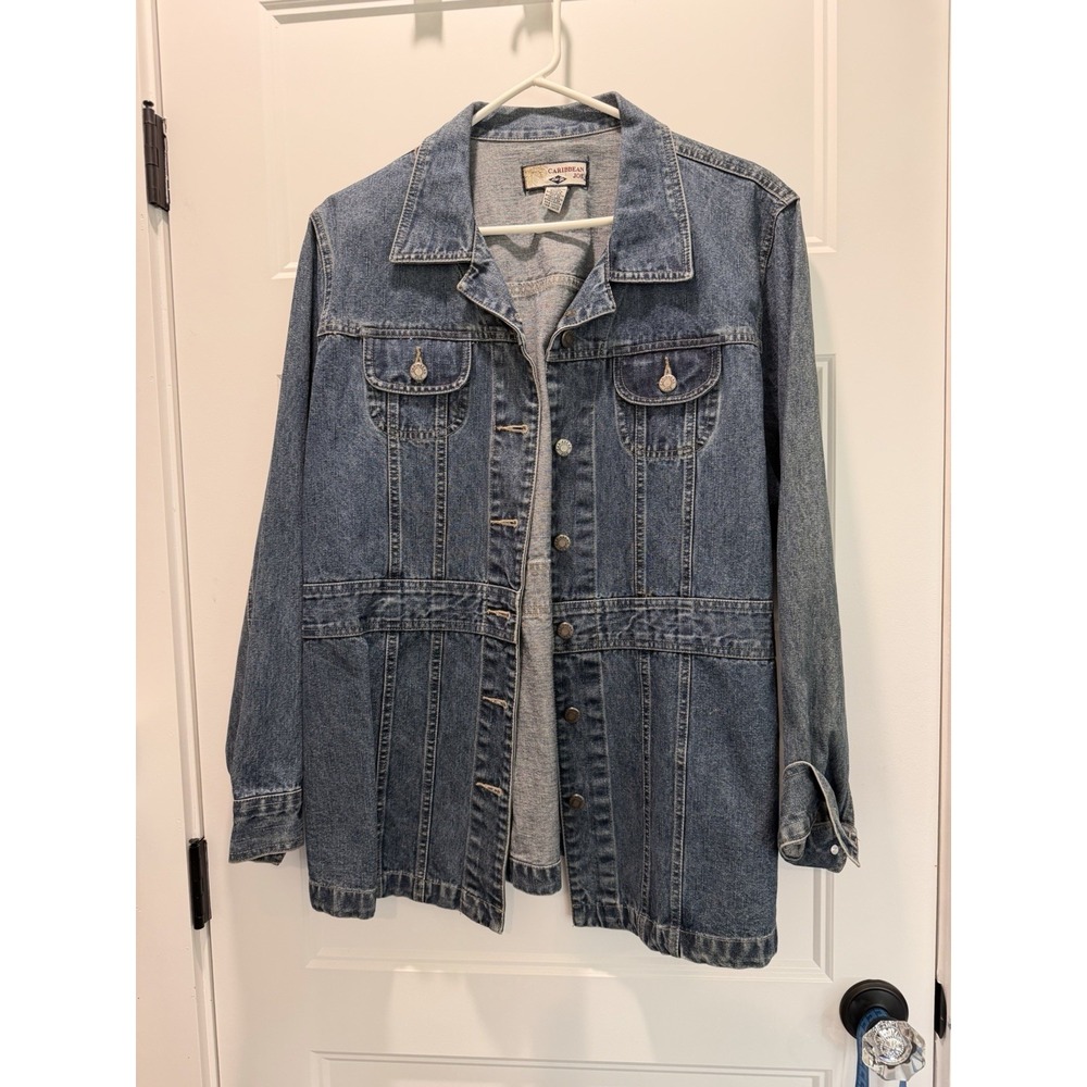 Caribbean Joe Womens XL Denim Jacket Long Trucker 100% Cotton Stonewash Y2K 90s